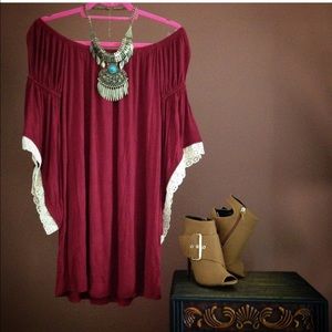 Burgundy off the shoulder shift dress